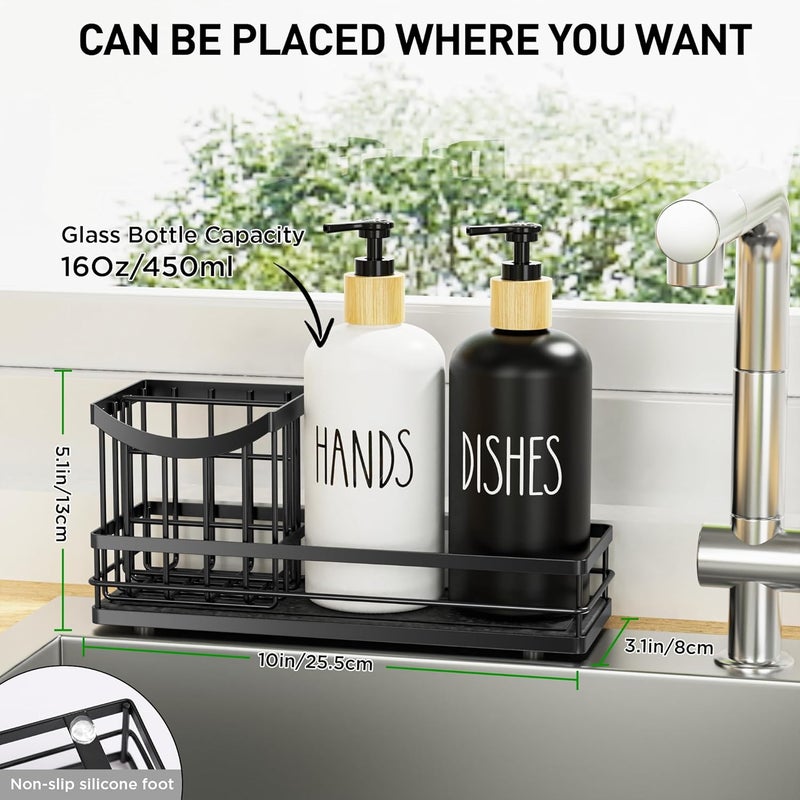 Moforoco Kitchen Dish Soap Dispenser Set, 16OZ Glass Bottle, Hand and Dish Soap Dispenser Set, Instant Dry Tray, Non-Slip Silicone Pad, Brush Holder with Sponge Holder, Kitchen Decor - Image 3